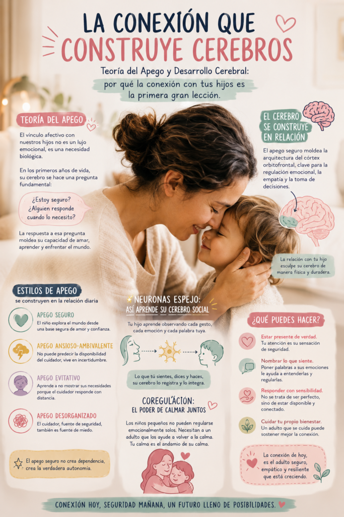 Infografía de una madre abrazando a su hijo mientras explica cómo la teoría del apego y la conexión emocional favorecen el desarrollo cerebral, la regulación emocional y un apego seguro en la infancia.